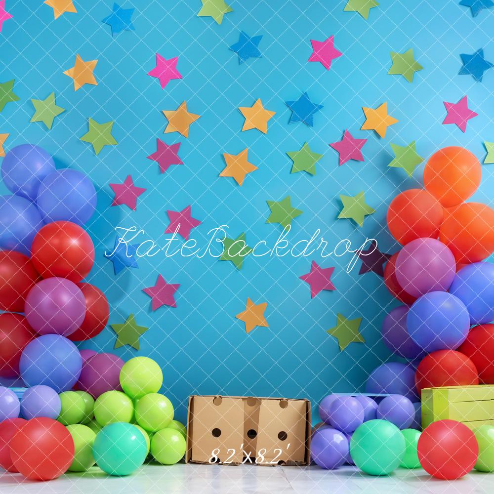 Kate Summer Birthday Cake Smash Colorful Balloon and Star Blue Wall Backdrop Designed by Emetselch