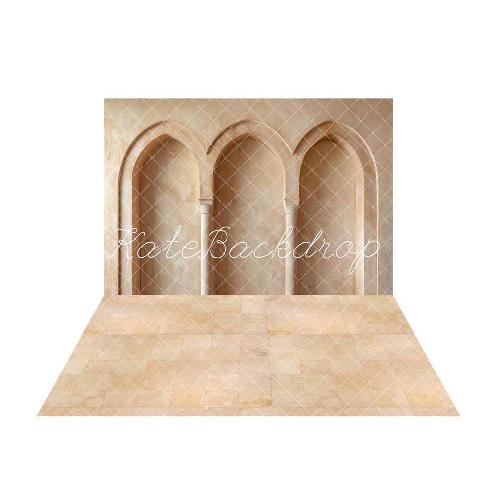 TEST kate Retro Beige Arch Wall Backdrop+Vintage Light Brown Marble Plaid Floor Backdrop