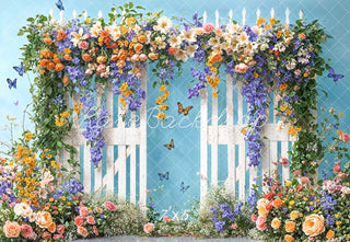 Kate Summer Fine Art Colorful Floral Arch White Wooden Fence Blue Wall Printed Backdrop Designed by Chain Photography