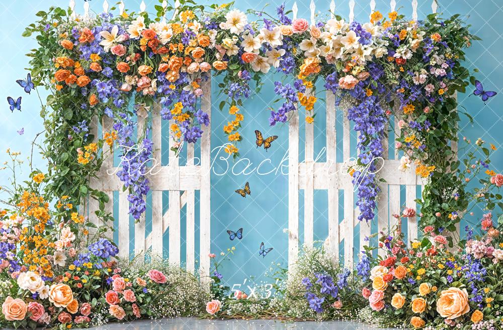 Kate Summer Fine Art Colorful Floral Arch White Wooden Fence Blue Wall Backdrop Designed by Chain Photography