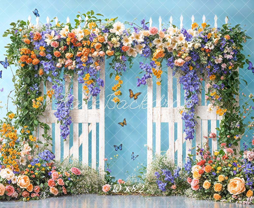Kate Summer Fine Art Colorful Floral Arch White Wooden Fence Blue Wall Backdrop Designed by Chain Photography