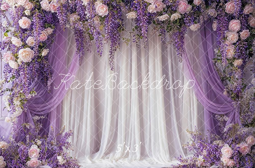 Kate Fine Art Wisteria Pink Flower Purple and White Curtain Backdrop Designed by Emetselch