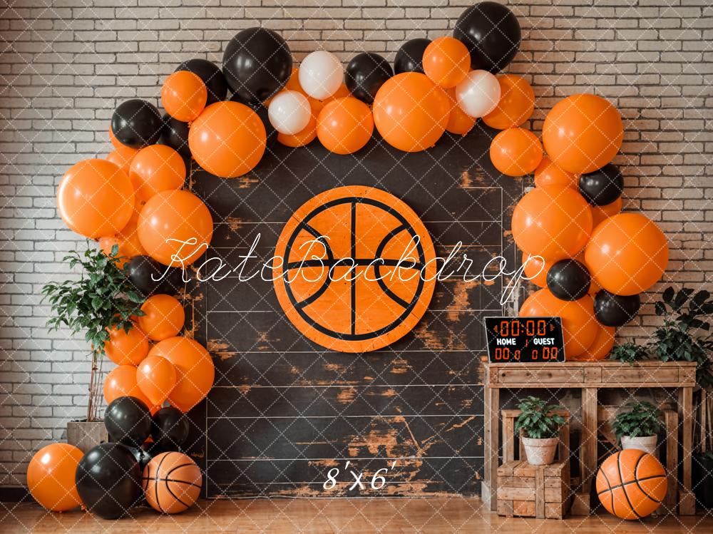 Kate Birthday Basketball Sports Scoreboard Colorful Balloon Arch Tan Brick Wall Backdrop Designed by Emetselch