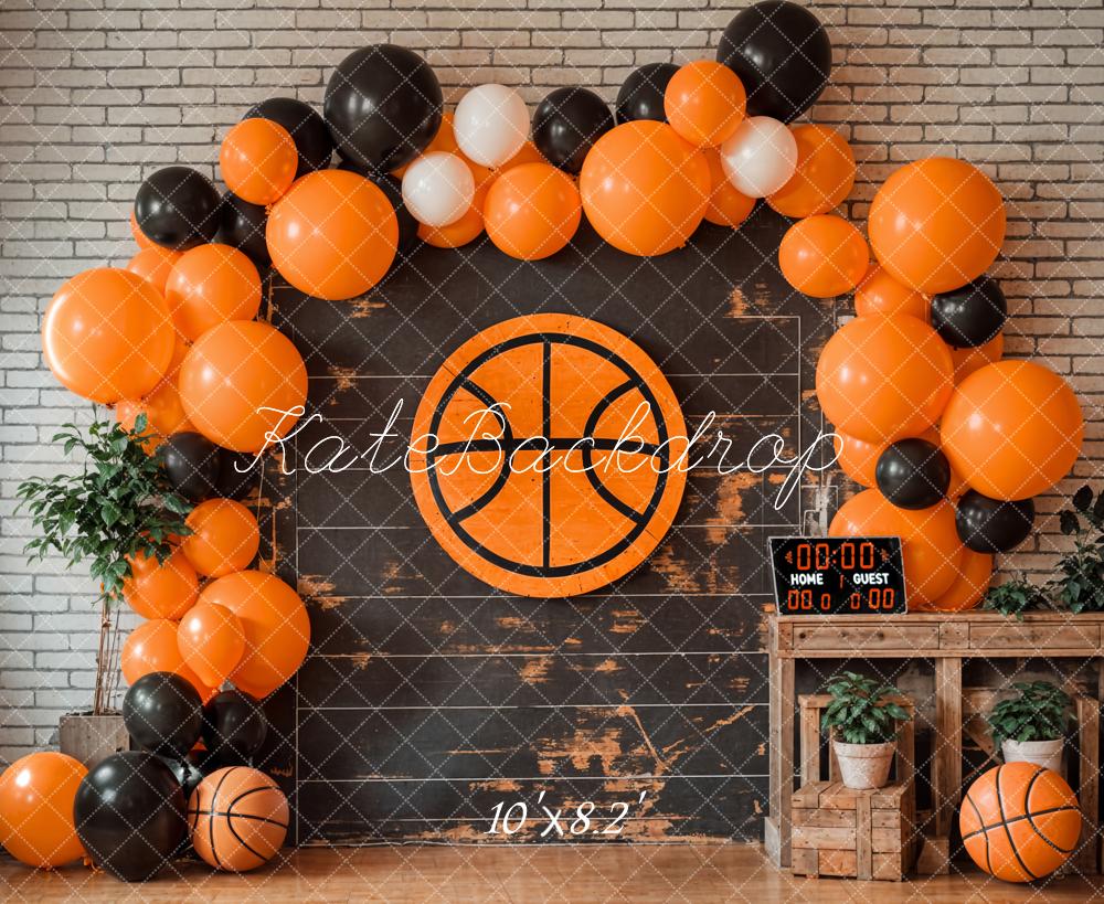 Kate Birthday Basketball Sports Scoreboard Colorful Balloon Arch Tan Brick Wall Backdrop Designed by Emetselch