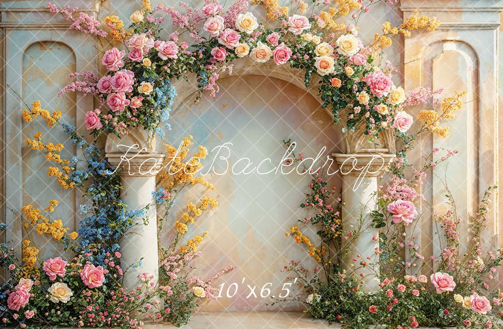 Kate Summer Vintage Fine Art Floral Arch White Marble Wall Backdrop Designed by Chain Photography