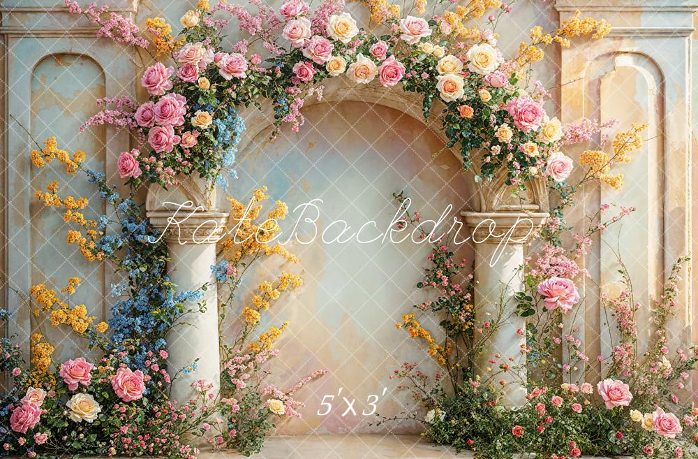 Kate Summer Vintage Fine Art Floral Arch White Marble Wall Backdrop Designed by Chain Photography