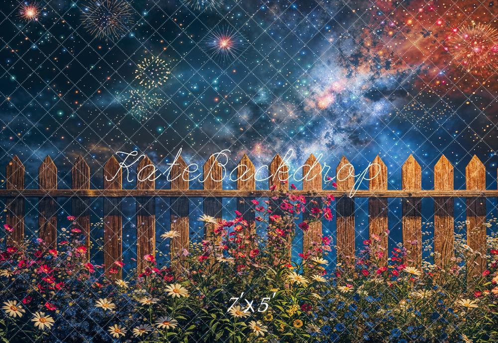Kate Independence Day Summer Midnight Firework Star Flower Brown Wooden Fence Backdrop Designed by Chain Photography