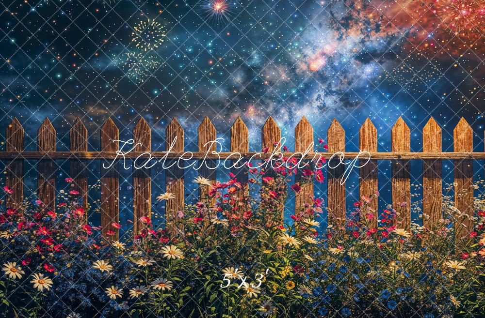 Kate Independence Day Summer Midnight Firework Star Flower Brown Wooden Fence Backdrop Designed by Chain Photography
