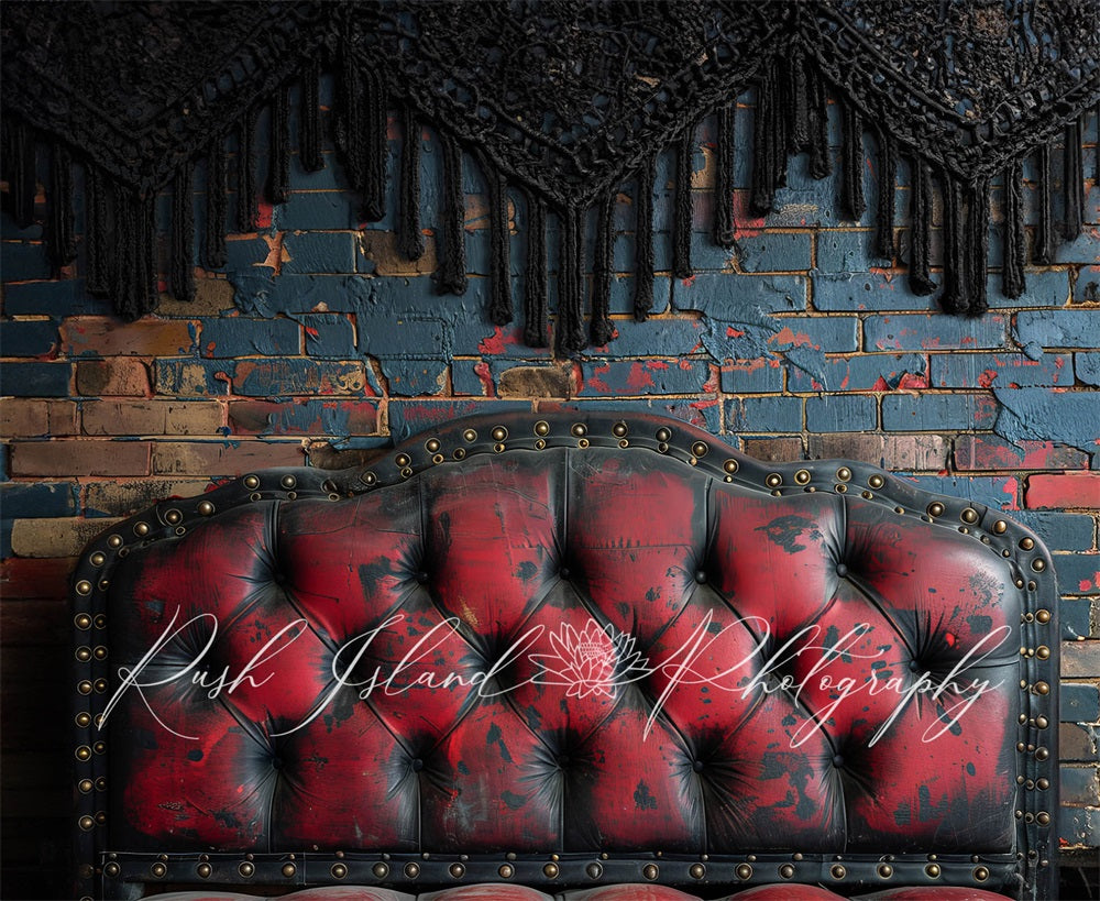 Kate Retro Dark Red Headboard Black Curtain Blue Brick Wall Backdrop Designed by Laura Bybee