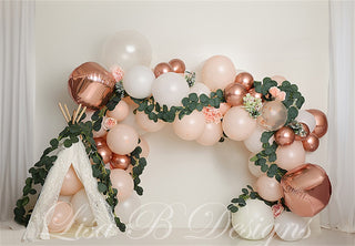 Kate Boho Colorful Balloon Arch White Curtain Beige Wall Printed Backdrop Designed by Lisa B