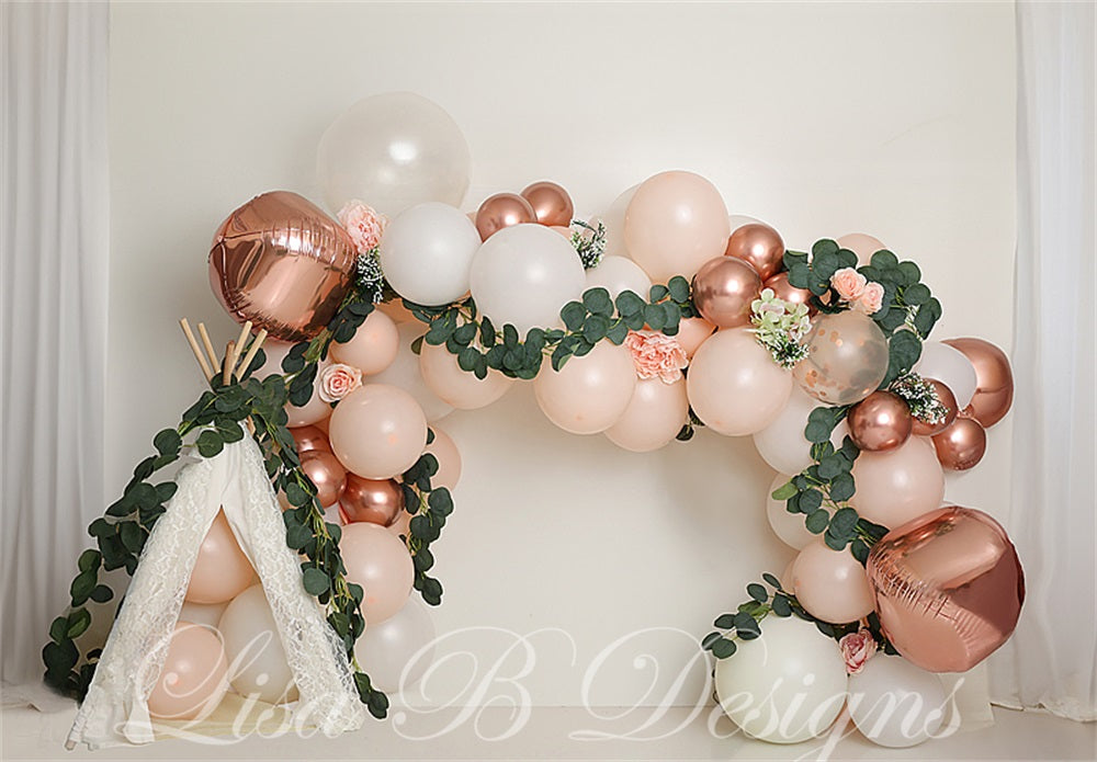 TEST kate Boho Colorful Balloon Arch White Curtain Beige Wall Backdrop Designed by Lisa B