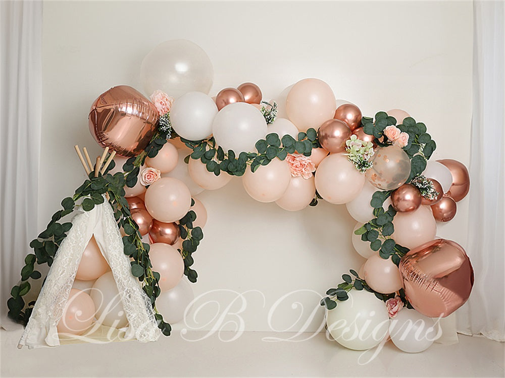 Kate Boho Colorful Balloon Arch White Curtain Beige Wall Backdrop Designed by Lisa B