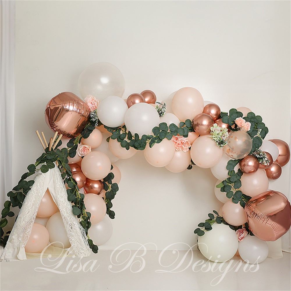 Kate Boho Colorful Balloon Arch White Curtain Beige Wall Backdrop Designed by Lisa B
