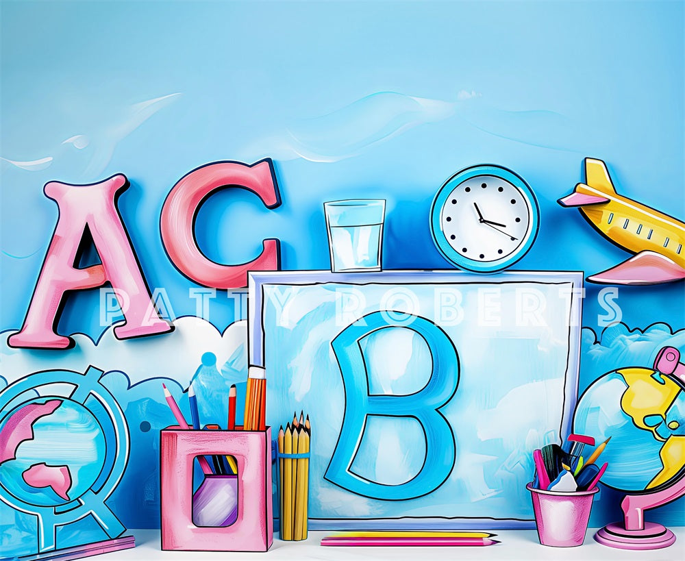 Kate Back to School Blue Cartoon Painting Backdrop Designed by Patty Robert