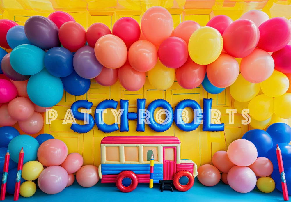 Kate Back to School Colorful Balloon Arch Yellow Wall Backdrop Designed by Patty Robert