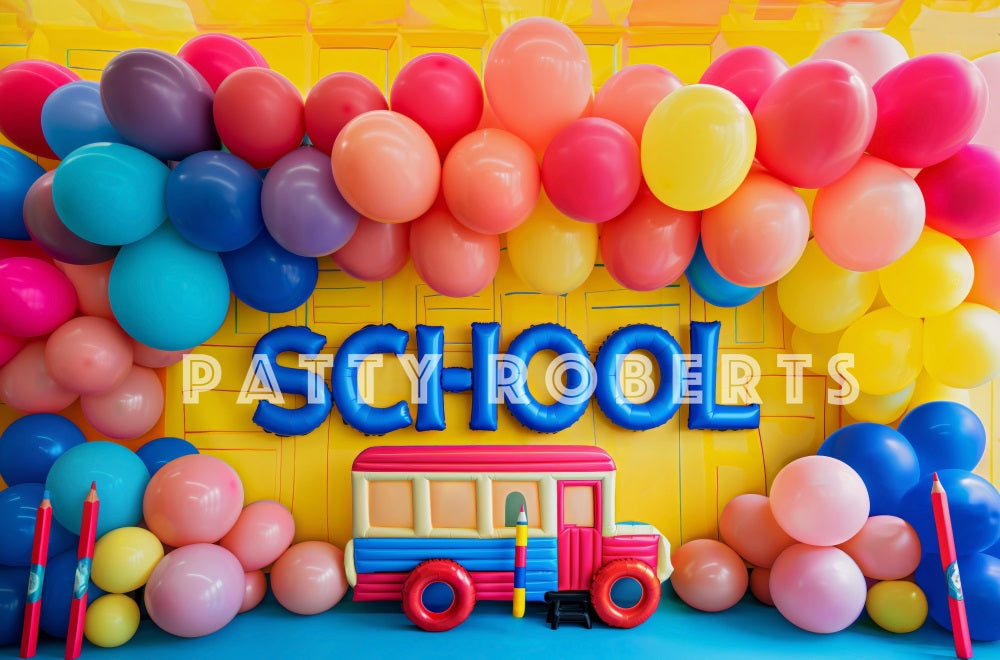 Kate Back to School Colorful Balloon Arch Yellow Wall Backdrop Designed by Patty Robert