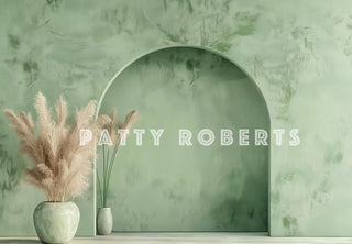 Fondo de pared retro boho verde con arco diseñado por Patty Robert