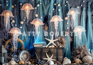 Fondo diseñado por Patty Robert para el Reino de sirenas con medusas blancas del mar de verano