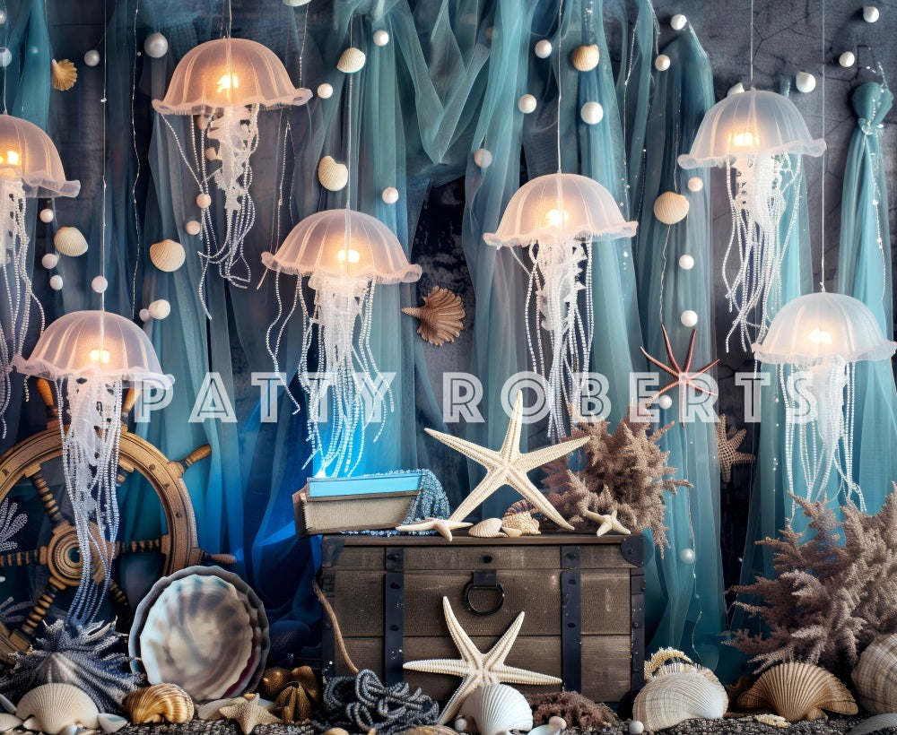 Kate Summer Sea White Jellyfish Green Curtain Mermaid Kingdom Backdrop Designed by Patty Robert