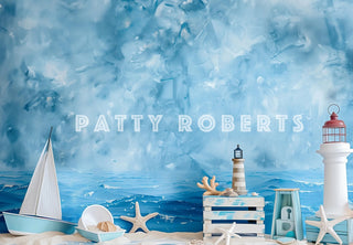 Kate Summer Seashore Beach Sailing Tower Starfish Blue Wall Printed Backdrop Designed by Patty Robert
