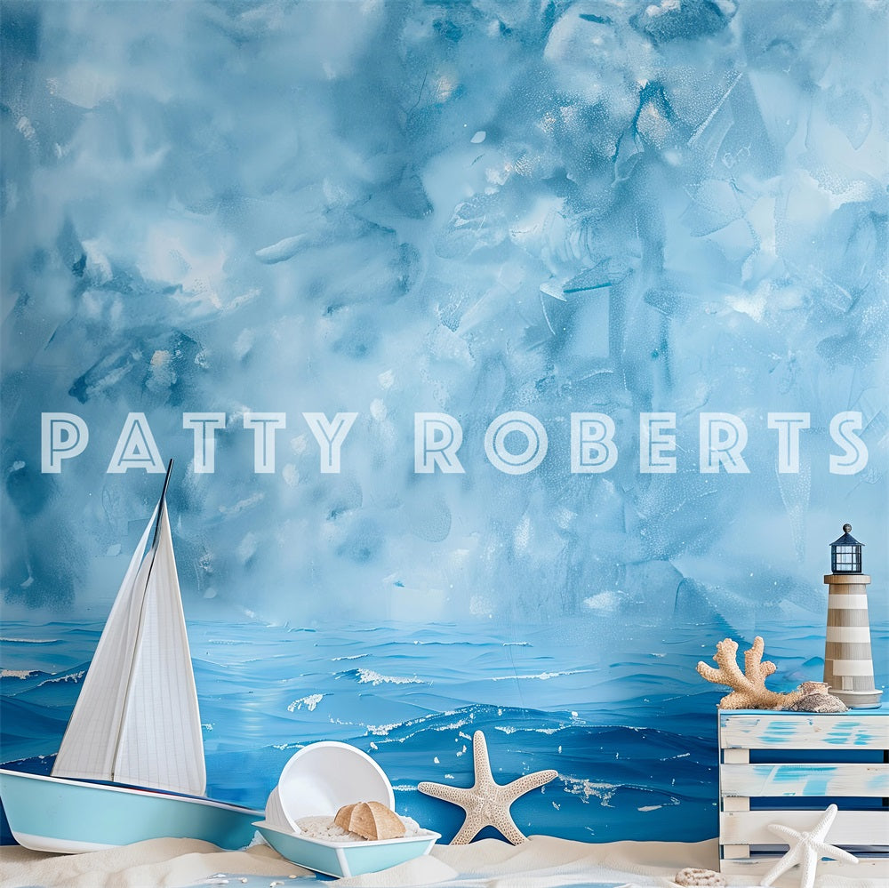 Kate Summer Seashore Beach Sailing Tower Starfish Blue Wall Backdrop Designed by Patty Robert