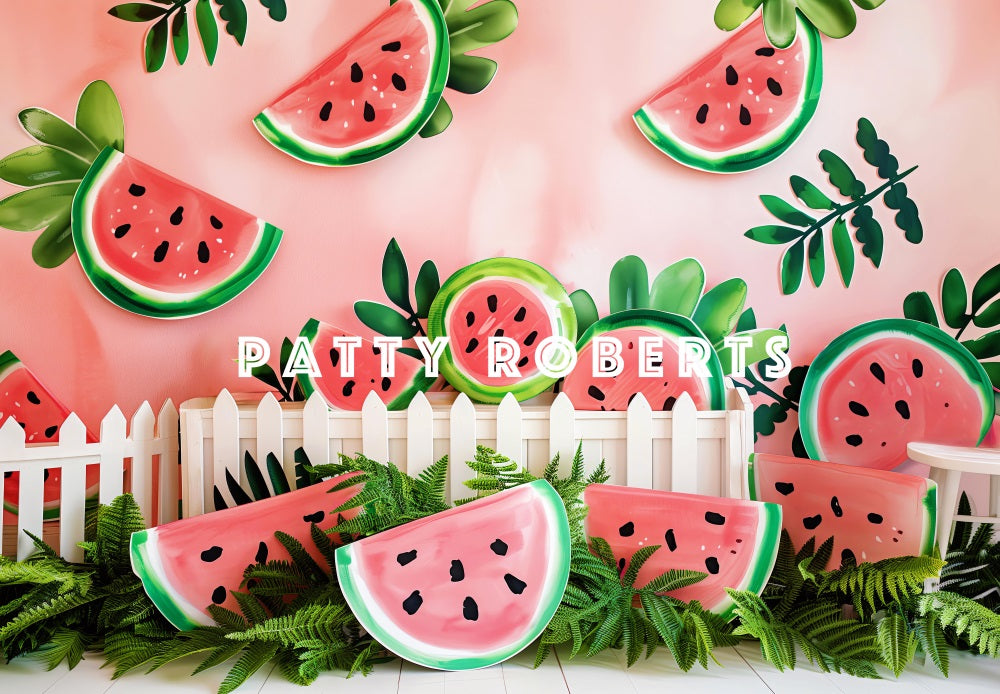 Kate Summer Green Plant White Fence Watermelon Red Wall Backdrop Designed by Patty Robert
