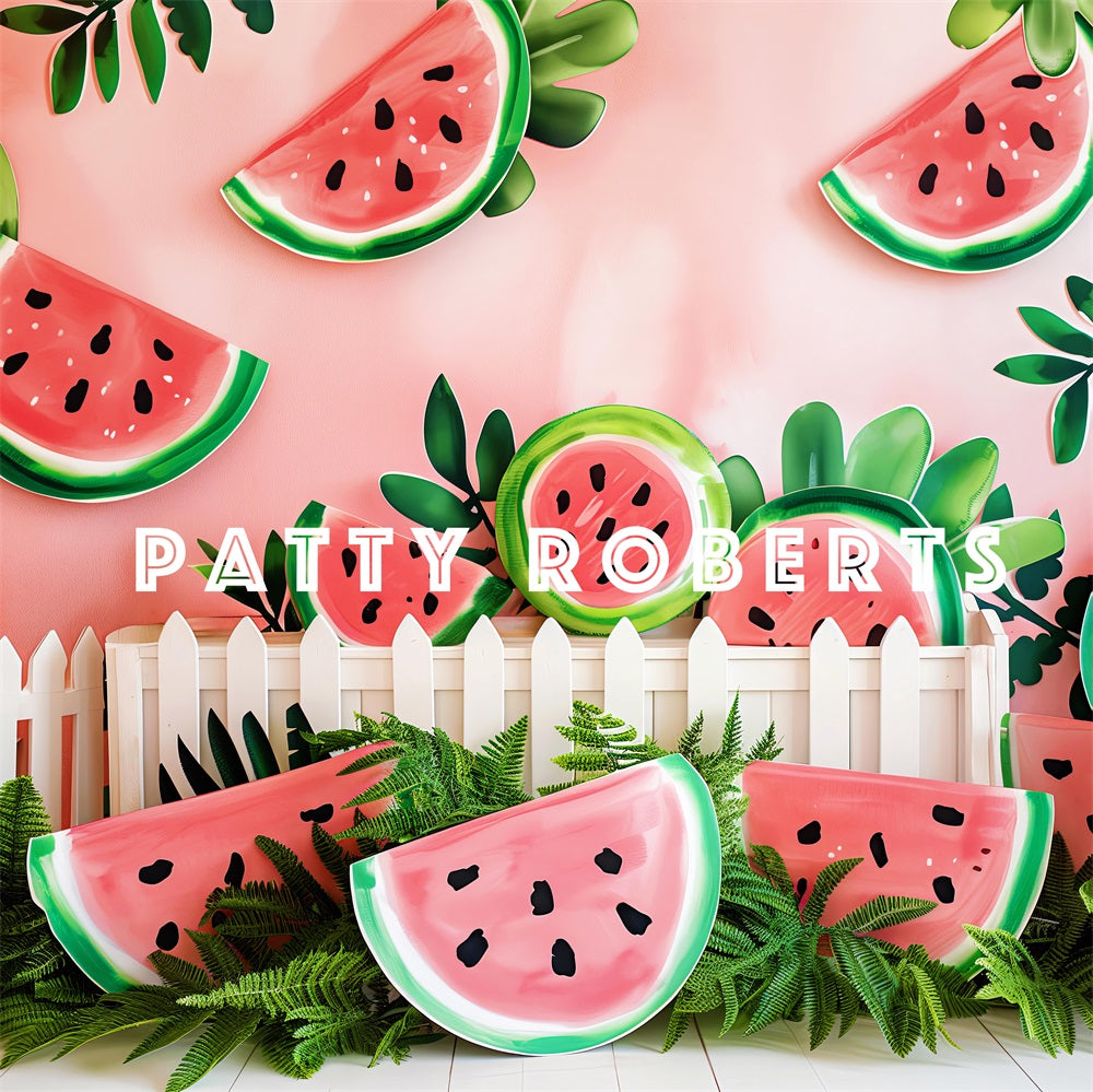 Kate Summer Green Plant White Fence Watermelon Red Wall Backdrop Designed by Patty Robert