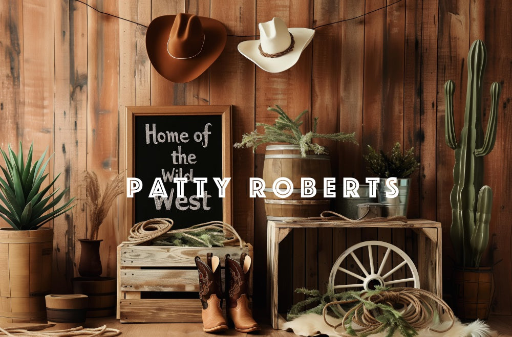 Kate Retro Wild West Cowboy Brown Wooden Wall Backdrop Designed by Patty Robert