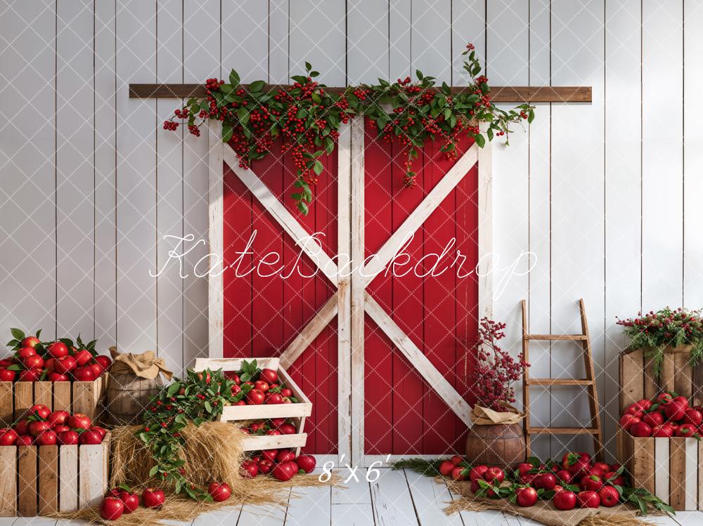 Kate Autumn Red Apple Barn Door White Wooden Wall Backdrop Designed by Emetselch