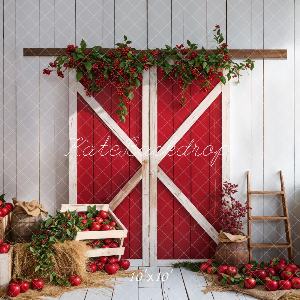 Kate Autumn Red Apple Barn Door White Wooden Wall Backdrop Designed by Emetselch