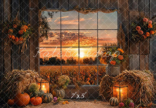 Kate Autumn Sunset Colorful Flower Pumpkin Framed Window Barn Field Printed Backdrop Designed by Emetselch
