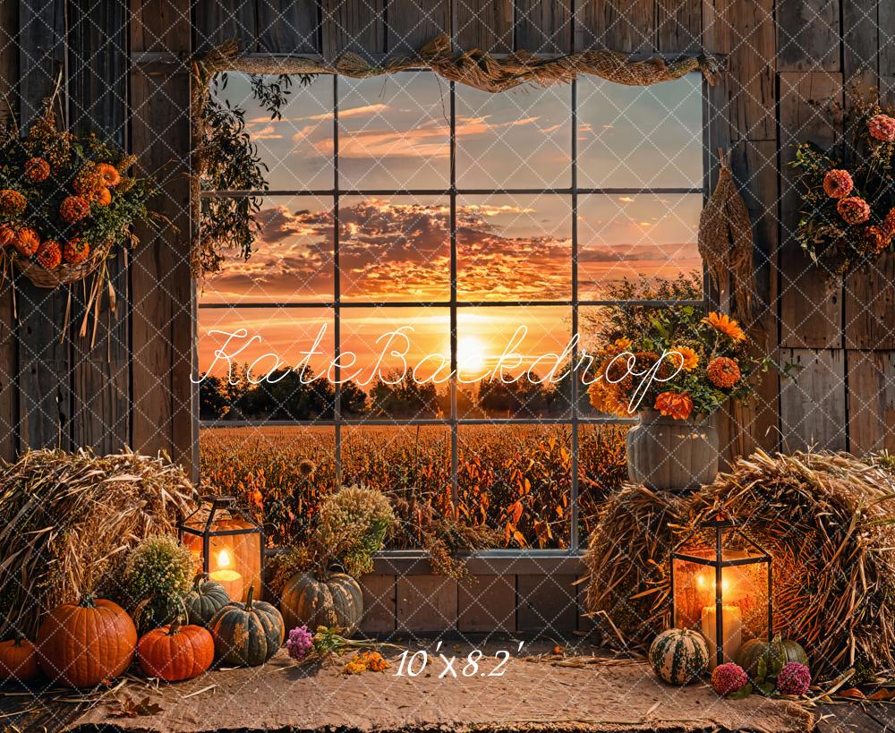 Kate Autumn Sunset Colorful Flower Pumpkin Framed Window Barn Field Backdrop Designed by Emetselch