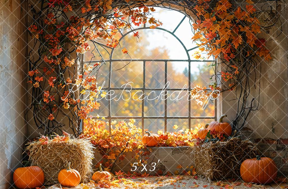 Kate Autumn Pumpkin Red Maple Leaf Arch Window Barn Forest Backdrop Designed by Emetselch