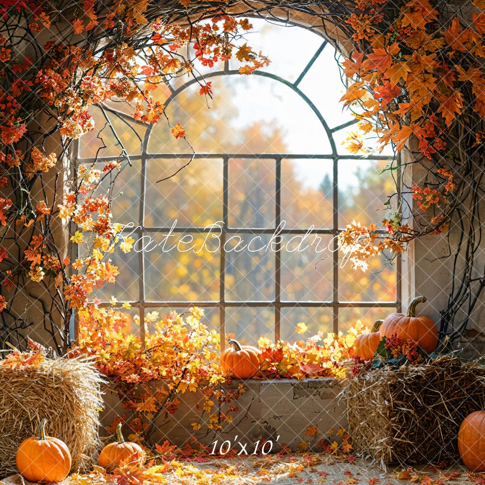 Kate Autumn Pumpkin Red Maple Leaf Arch Window Barn Forest Backdrop Designed by Emetselch