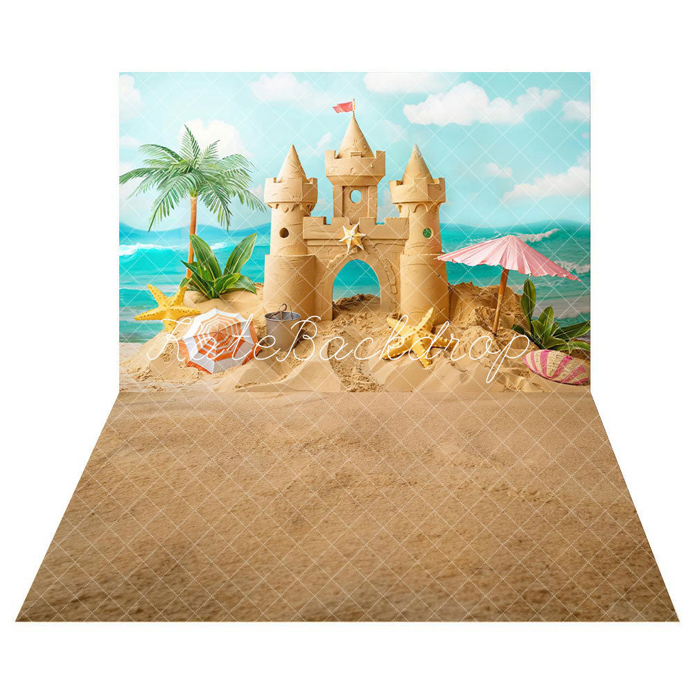 Kate Summer Sea Parasol Starfish Seashell Retro Sand Castle Backdrop+Summer Sea Wet Sand Beach Floor Backdrop