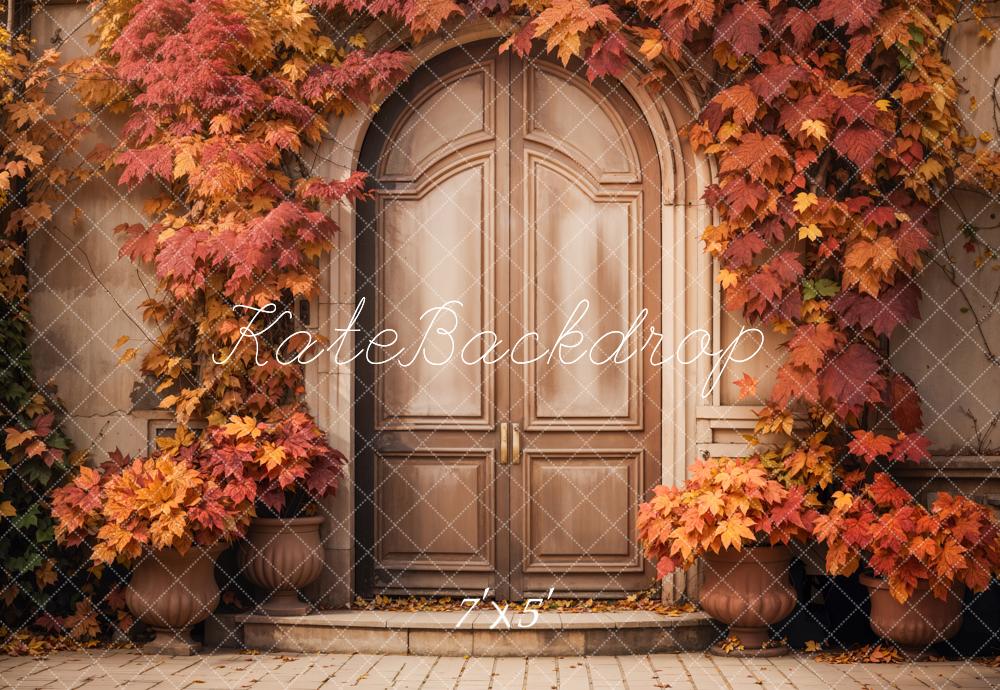 Kate Autumn Red Maple Leaves Retro Arched Door Backdrop Designed by Emetselch