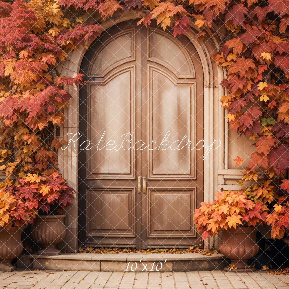 Kate Autumn Red Maple Leaves Retro Arched Door Backdrop Designed by Emetselch