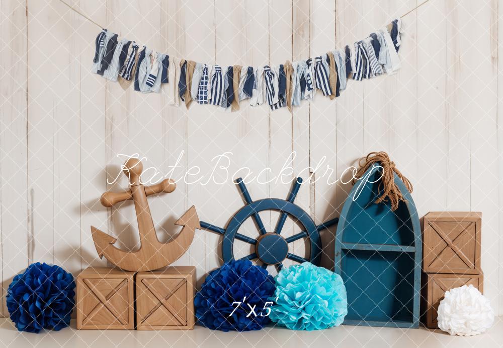 Kate Summer Sea Anchor and Rudder Adventure Sailor Beige Wooden Wall Backdrop Designed by Emetselch