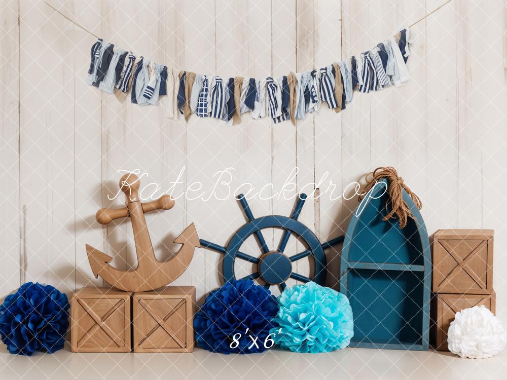 Kate Summer Sea Anchor and Rudder Adventure Sailor Beige Wooden Wall Backdrop Designed by Emetselch