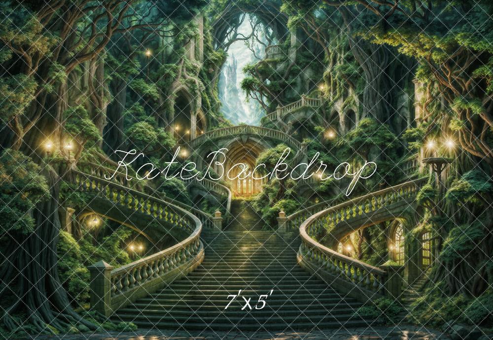 Kate Summer Fantasy Green Forest Castle Staircase Backdrop Designed by Chain Photography