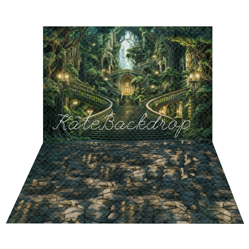 Kate Summer Fantasy Green Forest Castle Staircase Backdrop+Summer Shade Stone Path Floor Backdrop