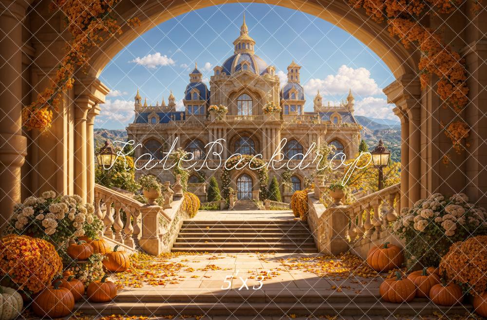 TEST kate Autumn Pumpkin Colorful Floral Arch Blue Retro Castle Backdrop Designed by Emetselch