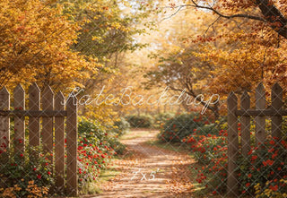 Kate Autumn Forest Red Flower Path Brown Wooden Fence Printed Backdrop Designed by Emetselch