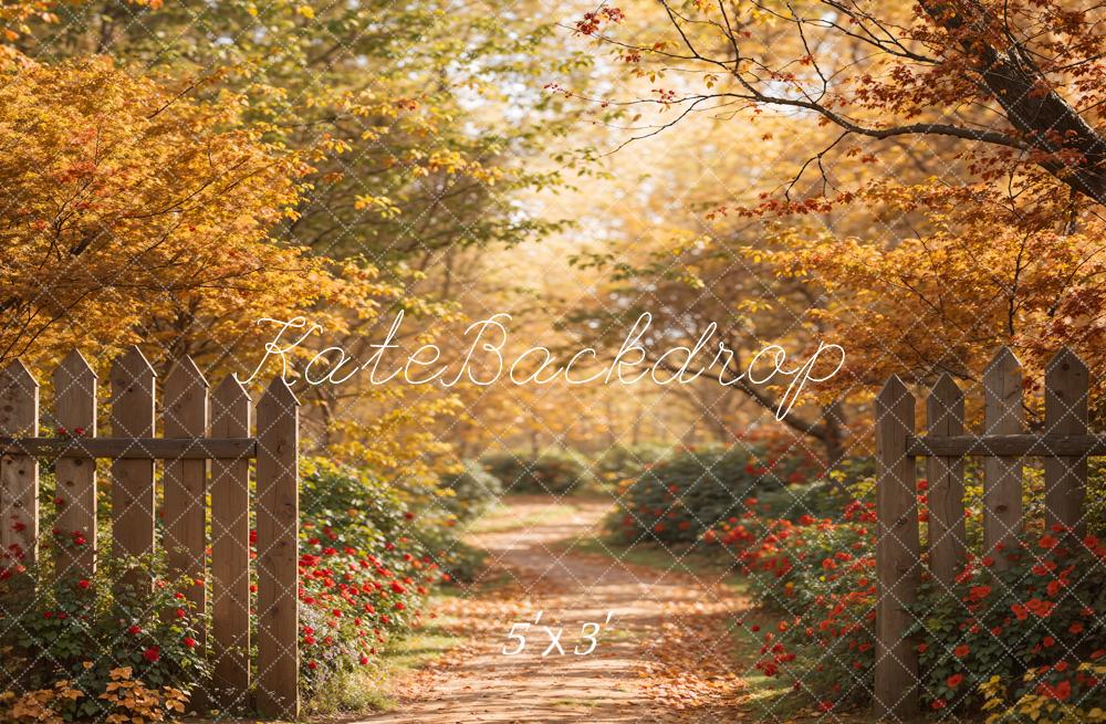 TEST kate Autumn Forest Red Flower Path Brown Wooden Fence Backdrop Designed by Emetselch