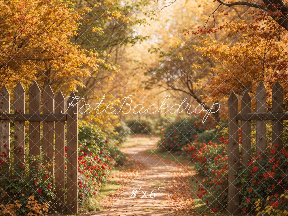 Kate Autumn Forest Red Flower Path Brown Wooden Fence Backdrop Designed by Emetselch