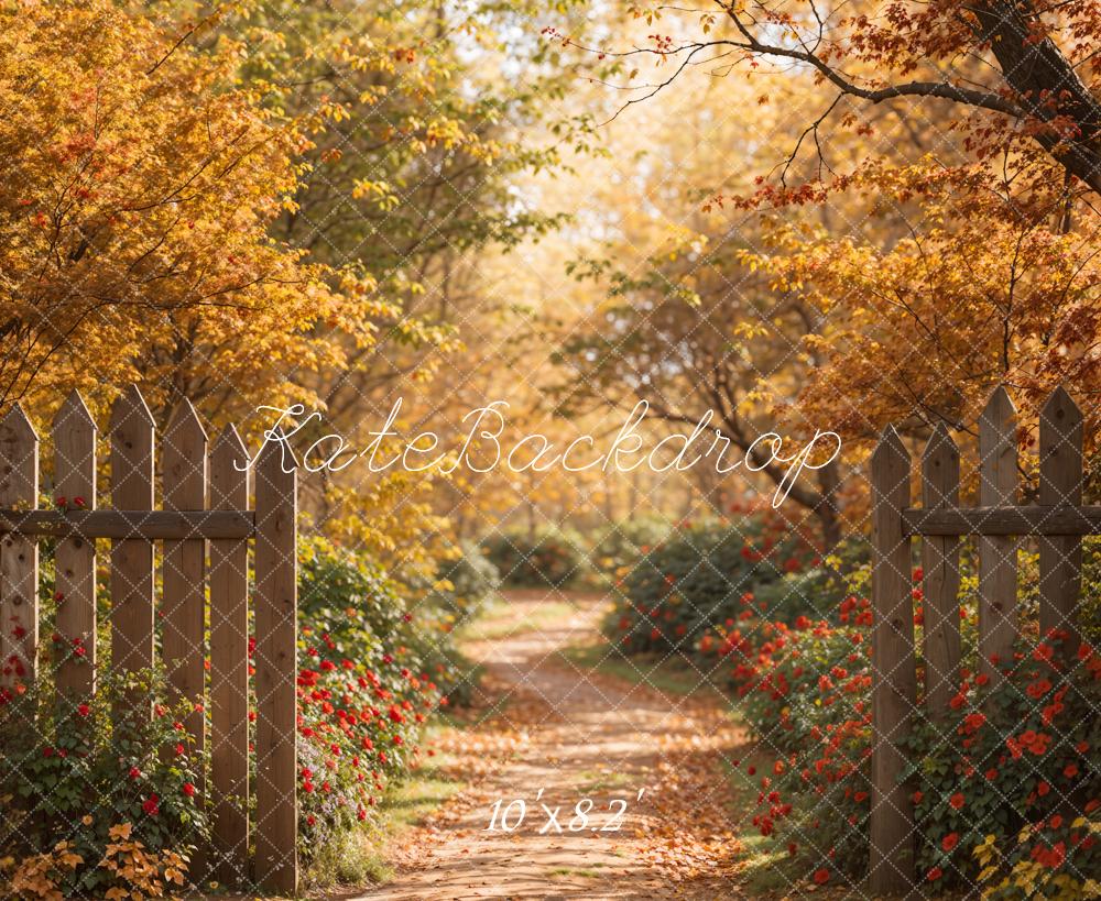 Kate Autumn Forest Red Flower Path Brown Wooden Fence Backdrop Designed by Emetselch