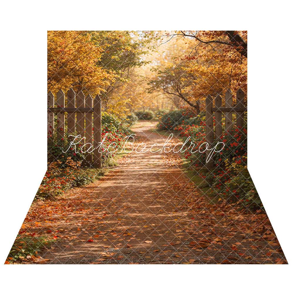 Kate Autumn Forest Red Flower Path Brown Wooden Fence Backdrop+Autumn Fallen Leaves Red Flower Path Floor Backdrop Designed by Kate Image