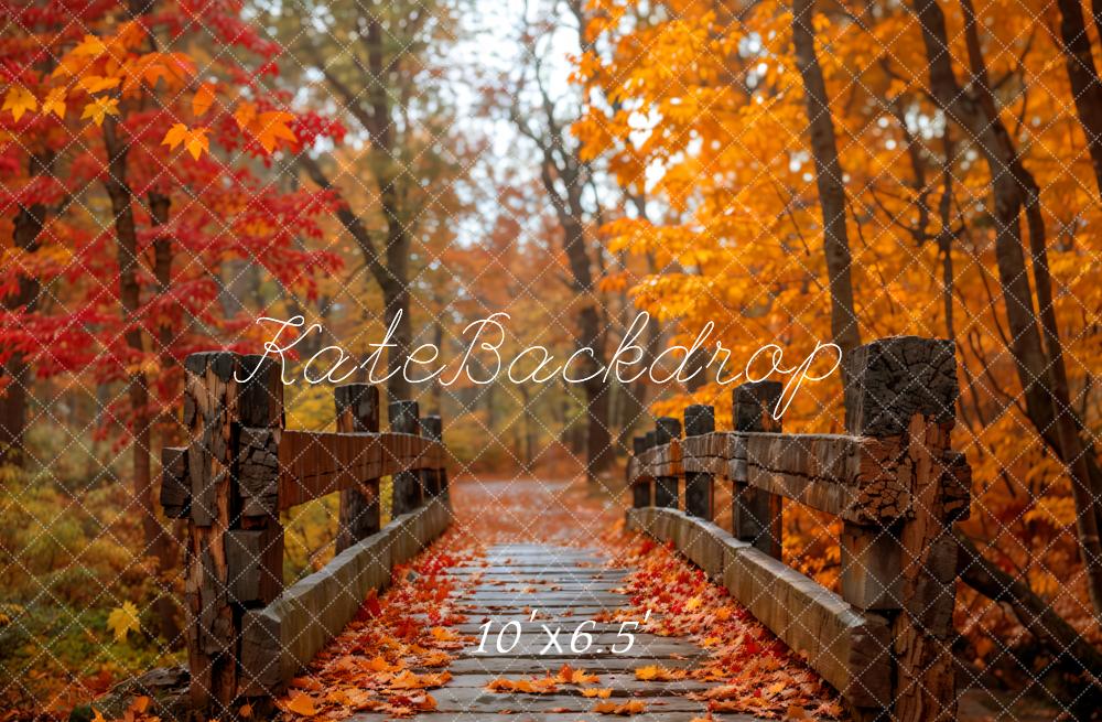 Kate Fall Outdoor Forest Red Maple Dark Brown Wooden Bridge Backdrop Designed by Emetselch