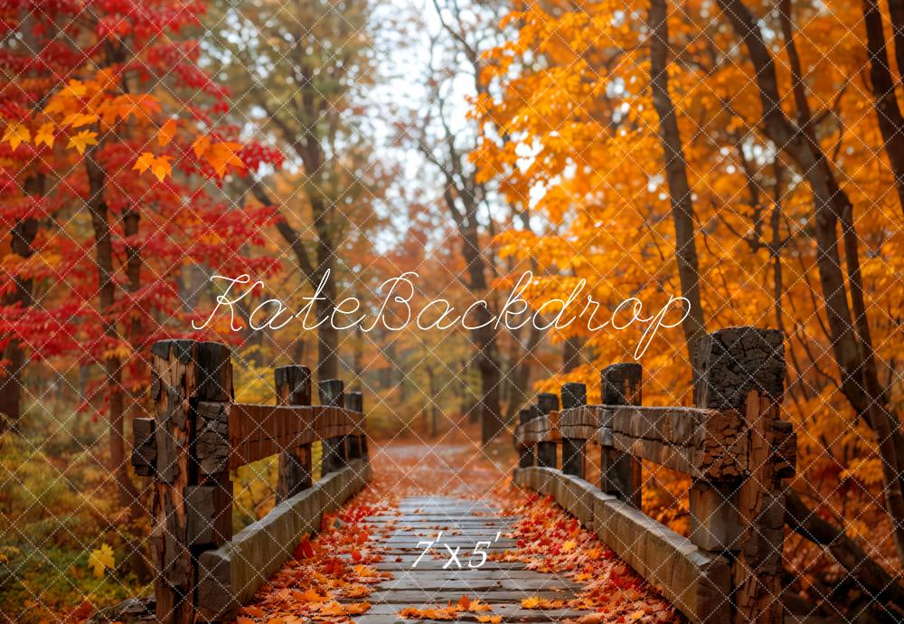 TEST kate Fall Outdoor Forest Red Maple Dark Brown Wooden Bridge Backdrop Designed by Emetselch