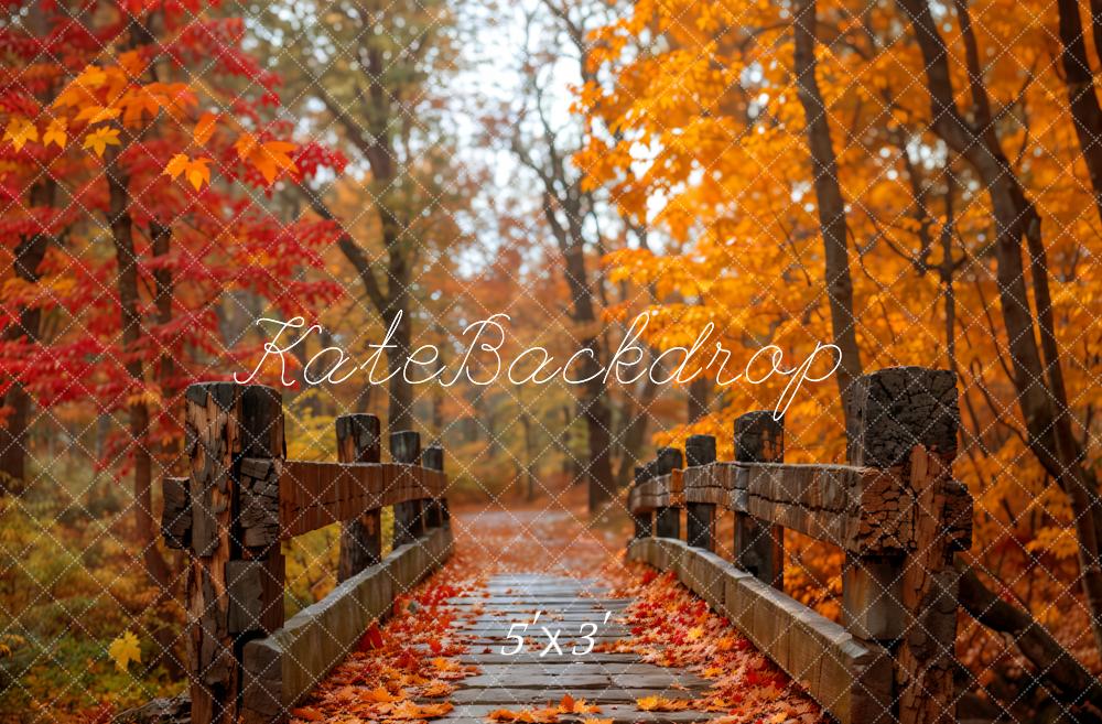 TEST kate Fall Outdoor Forest Red Maple Dark Brown Wooden Bridge Backdrop Designed by Emetselch